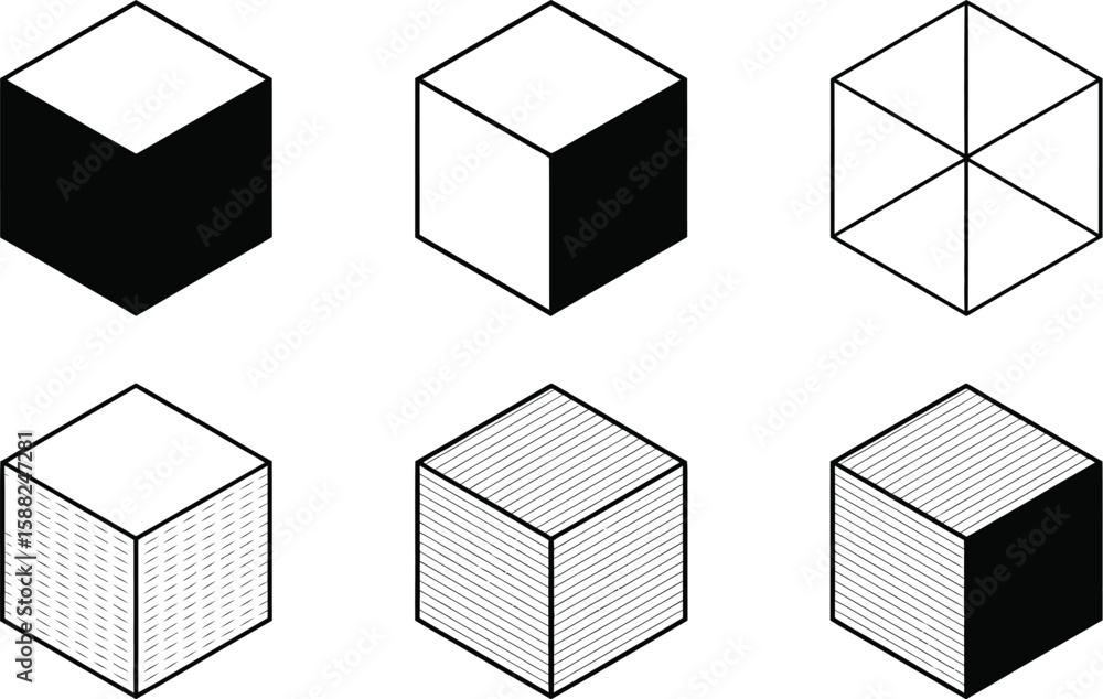 Poster isometric cube variations with solid fill and wireframe representations