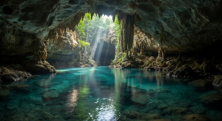 Fototapeta premium Underground river flowing through Hin Nam No cave system, crystal-clear water