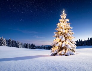 Christmas tree in snowy landscape under a starry night sky