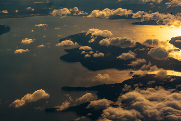 Lake Bay and Penrose State Park, an aerial view at sunrise with light clouds.