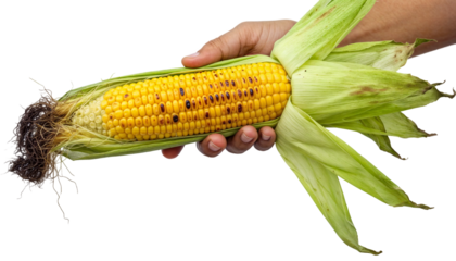 a hand holding a fresh ear of corn on the cob with green husks