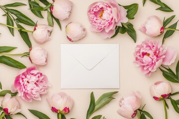 Delicate pink peonies arranging around white envelope, green leaves softening beige background, presenting elegant wedding stationery composition