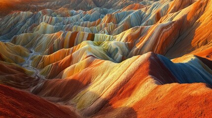 Panoramic vista of the Zhangye Danxia Landform, a geological wonder showcasing colorful rock strata, presenting an array of hues sculpted by eons of erosion and tectonic activity
