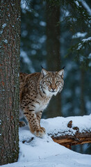 Fototapeta premium Majestic lynx peers curiously from behind a snow-dusted tree in a serene winter forest landscape