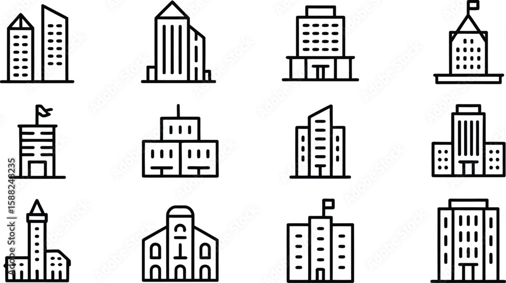 Poster a collection of twelve different building icons in a simple line art style