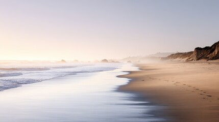 Obraz premium Serene beach landscape at sunrise with gentle waves lapping against the shore, creating a peaceful atmosphere and inviting natural beauty