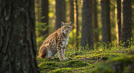 Majestic lynx resting in a sunlit forest clearing amidst green moss and towering trees during golden hour