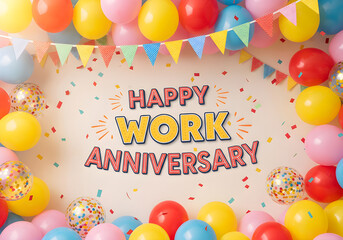 Celebrate happy work anniversary with balloons, banners, and cheerful greetings.