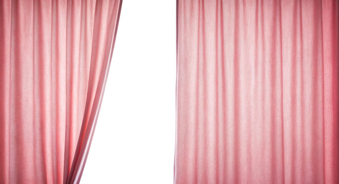 elegant pink curtains hanging partially open revealing a bright space