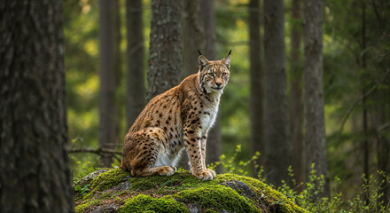 Obraz premium Peaceful lynx resting on a mossy rock in a serene forest at golden hour