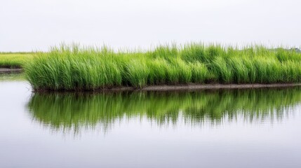Obraz premium Lush green grasslands reflect beautifully in calm water, creating a serene landscape scene with tranquil ambiance and natural beauty