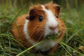 Guinea Pig Eat. Pet Rodent Guinea Pig Enjoying Fresh Grass Outdoors