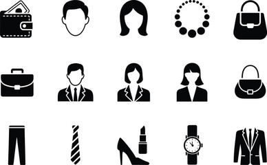 Collection of business and personal accessories in black and white icons