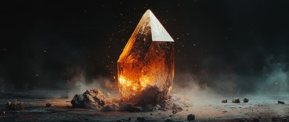 Glowing crystal emerges from rocky ground in a mystical landscape during twilight