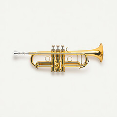 Obraz premium A shiny brass trumpet with three valves and a silver mouthpiece displayed against a plain white background.