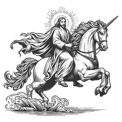 Jesus Christ with radiant halo riding a majestic unicorn sketch engraving generative ai fictional character vector illustration. Scratch board imitation. Black and white image.