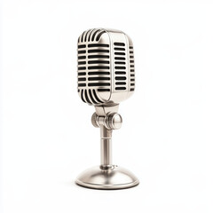 Fototapeta premium A vintage-style silver microphone with a sleek design stands on a round base, isolated on a white background.