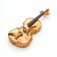 Obraz premium A shiny, golden violin with fine details and strings, displayed against a white background, emphasizing elegance and musical artistry.