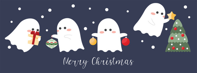Christmas cute ghost with ornament, gift box and Christmas tree. Merry Christmas and Happy seasonal concept. Illustration flat vector for card, decoration and background.