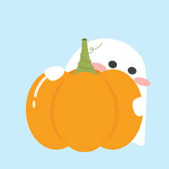 Cute halloween ghost with pumpkin cartoon character vector illustration flat design. Wallpaper or background and card for holiday autumn seasonal celebration event.