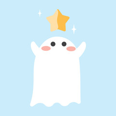 Christmas cute ghost with star. Merry Christmas and Happy seasonal concept. Illustration flat vector for card, decoration and background.