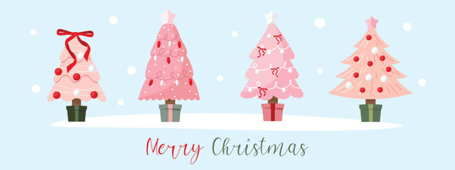 Christmas tree pink pastel set. Cute coquette bow Christmas element ornament for decoration, card or background wallpaper illustration flat vector.