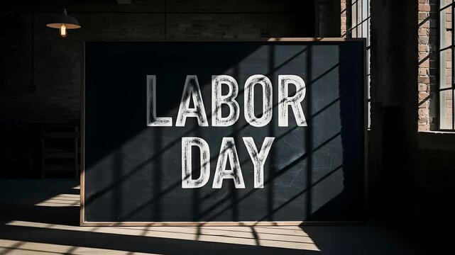 Labor Day message on chalkboard in old warehouse, shadow play. Ideal for business holiday promotions, employee appreciation. Celebratory, industrial, minimal design. - Powered by Adobe