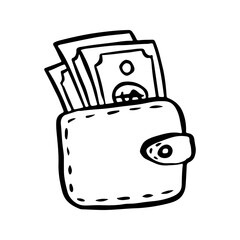 A wallet with money sticking out of it drawing, doodle sketch vector illustration, isolated, black line on a white background