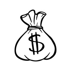 Money bag doodle drawing, isolated, vector illustration, sketch style, black line on a white background