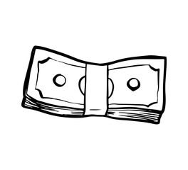 A stack of bills, money drawing, doodle sketch vector illustration, black line on a white background, isolated