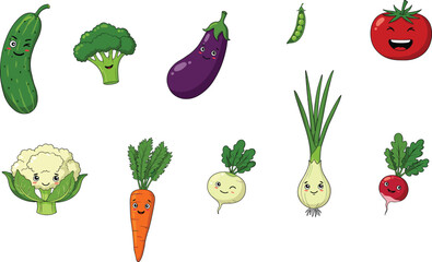 Cute cartoon vegetables collection, smiling cucumber, broccoli, eggplant, tomato, carrot, cauliflower, radish, onion, kohlrabi, pea pod, vector illustration