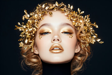 Glamorous woman with golden makeup and ornate gold floral crown on dark background
