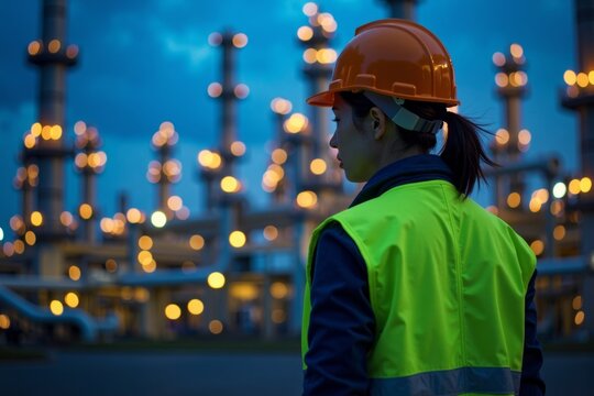 Aerial Drone Captures Asian Female Engineer in Reflective Safety Gear Inspecting Machinery at Oil Refinery Plant