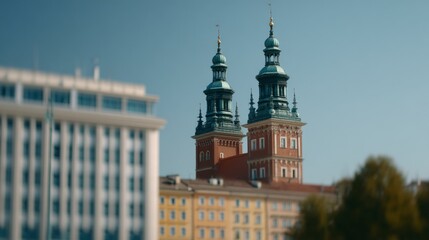 Fototapeta premium Historic twin towered building with a modern structure and clear sky twin towers