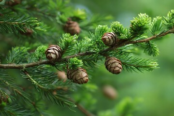 Hemlock Tree: Small Pine Cones on Branches of Eastern Coniferous Pine Tree