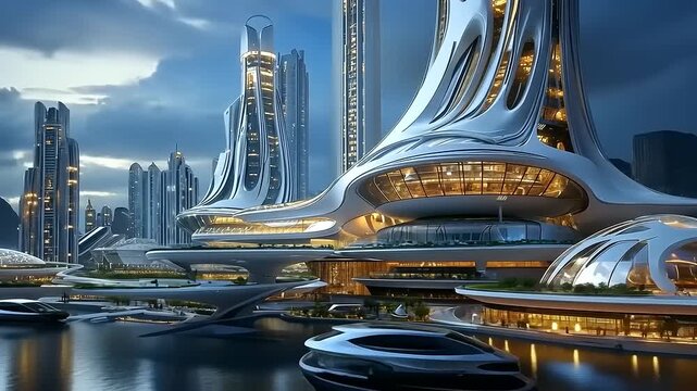 Futuristic cityscape with sleek architecture and serene waterfront under a dramatic evening sky