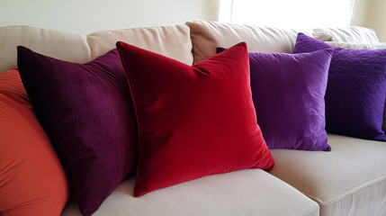 Square Throw Pillows in Deep Red and Soft Purple Adding Vibrant Color Accent to Neutral Couch