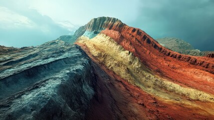 The vibrant layered terrain of a majestic mountain range, showcasing a geological spectacle of colorful sedimentary rocks against an ethereal sky during daylight