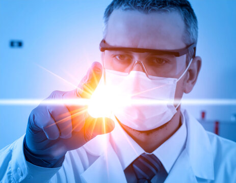 Futuristic vision of science, medicine, and innovation. A researcher touches a bright light, symbolizing discovery. Ideal for projects about technologys future.