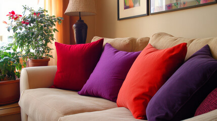 Square Throw Pillows in Deep Red and Soft Purple Adding Vibrant Color Accent to Neutral Couch