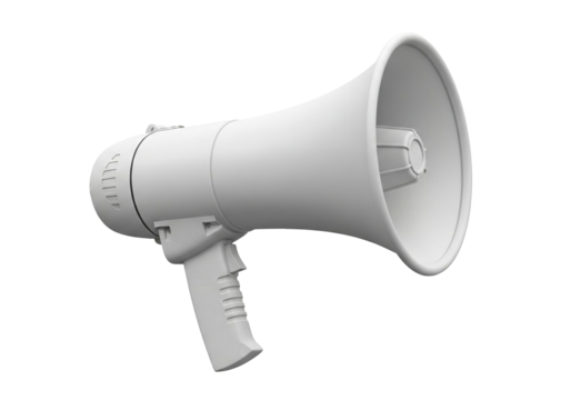 A 3D rendering of a megaphone, loudspeaker, or bullhorn isolated on a white background for broadcasting loud public announcements and speeches