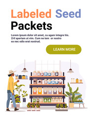 Labeled seed packets store shelves indoor plants customer shopping colorful packaging modern shop interior decorative greenery flat design