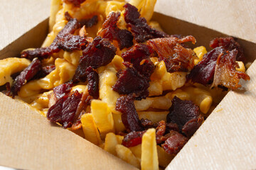 A closeup view of loaded fries, featuring beef bacon.