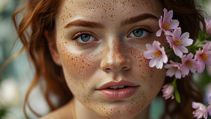 Smiling young woman with beautiful eyes and frizzy hair in a close-up portrait