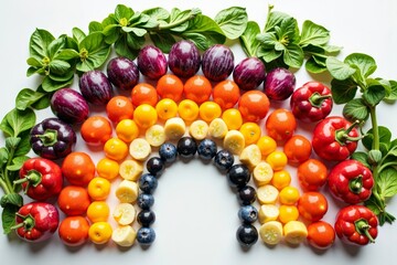 Colorful and imaginative vegetable rainbow arranged in a geometric formation against a white backdrop.