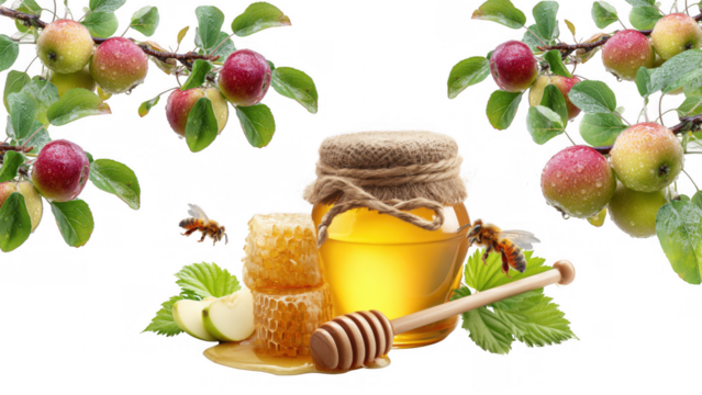 Honey jar surrounded by apples and buzzing bees, created with AI, PNG