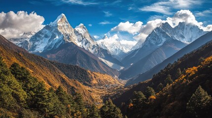 Fototapeta premium Majestic Himalayan Peaks Dominate the Sky, with Verdant Slopes and Serene Valleys Forming a Breathtaking Panorama of Nature's Grandeur and Untamed Beauty