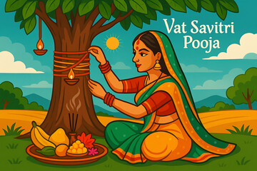 Vat Savitri Pooja Ritual Illustration with Woman Tying Sacred Thread