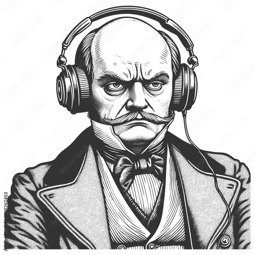 Poster stern bald man with a curled mustache, wearing modern headphones and an intense expression sketch en