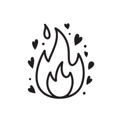 Simple black and white fire symbol with heart accents. Hand drawn vector illustration